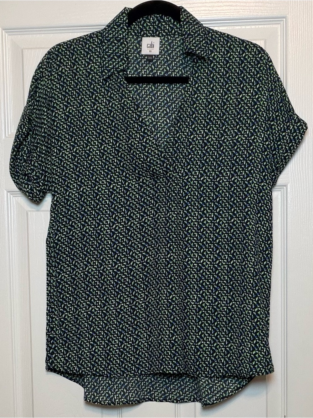 CAbi Relay Top in navy blue and green, size XS